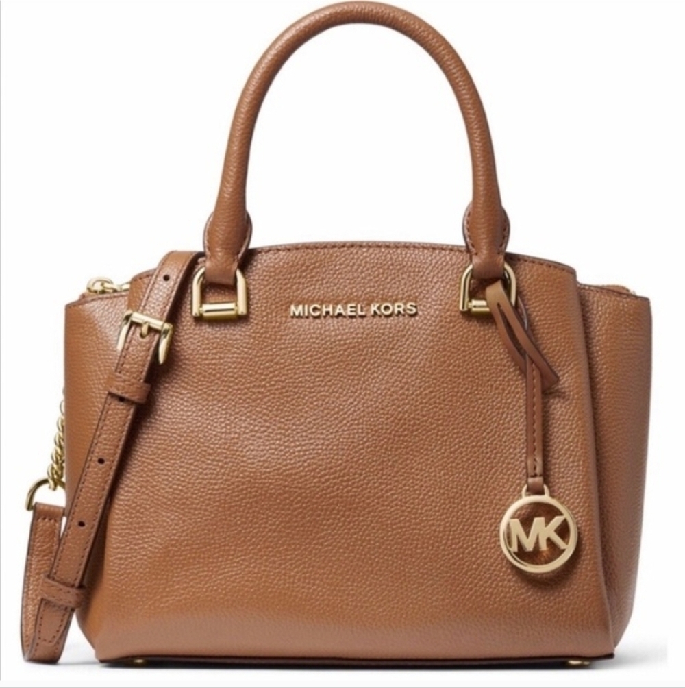 New*Michael Kors Maxine Med Dome Satchel Brown Pebbeled Leather